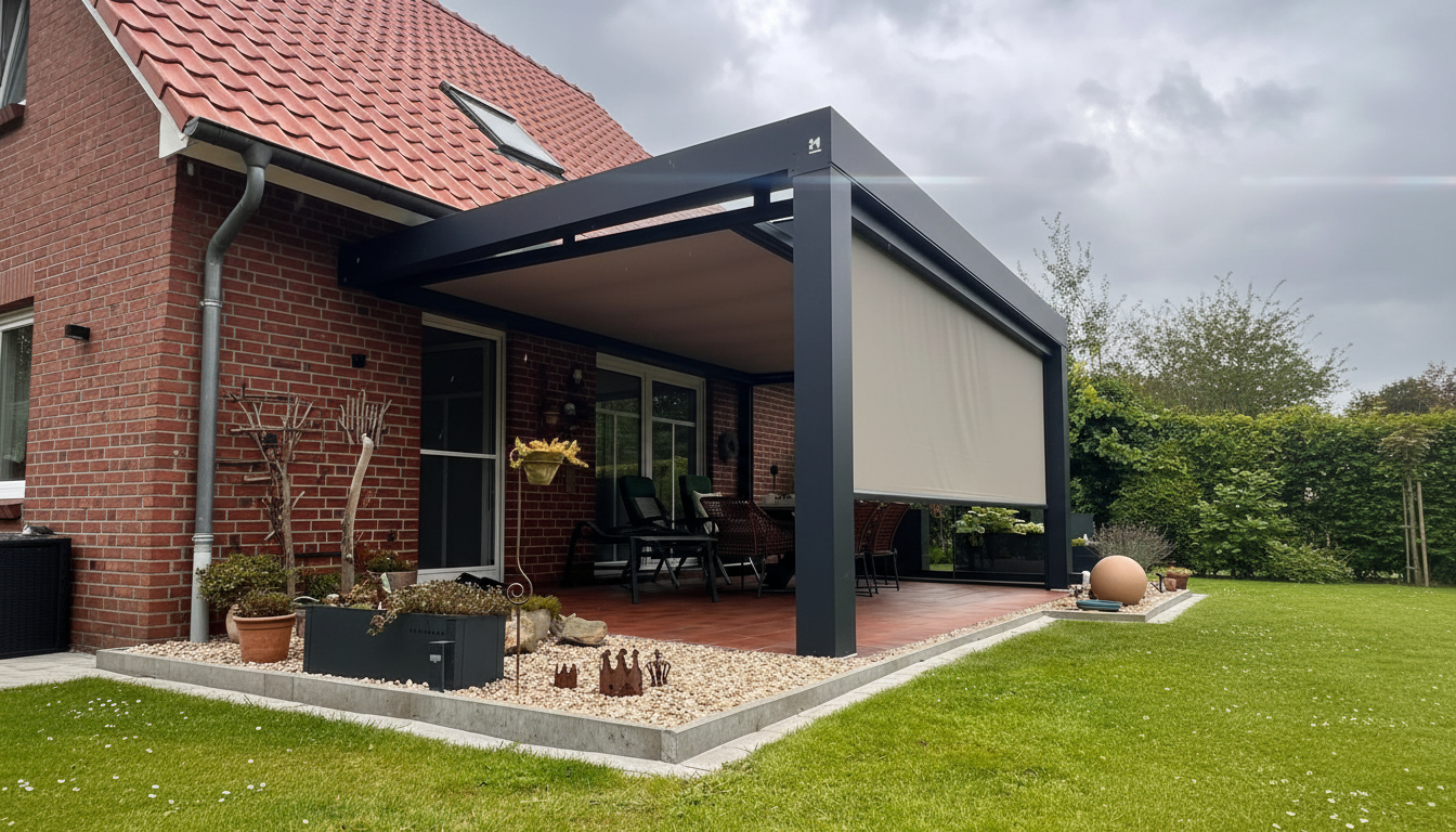 Offenes Terrassendach aus MB Aluminium über einer Hausterrasse in Ostfriesland