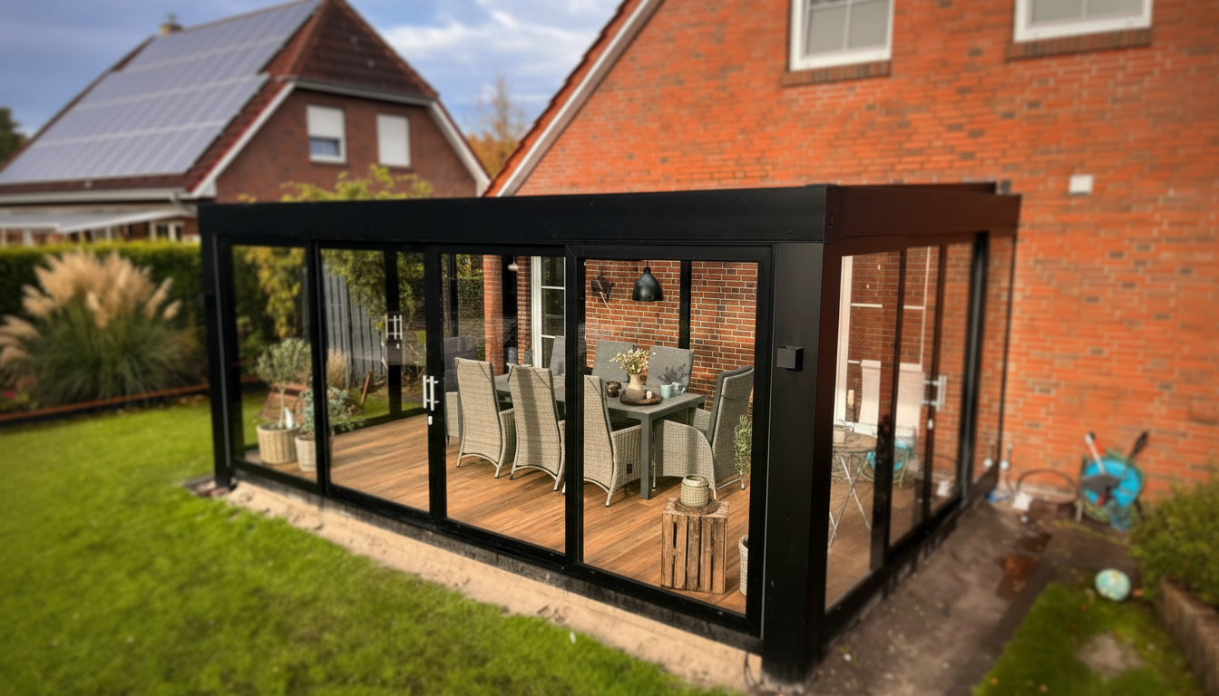 Verglaster Sommergarten mit Schiebeelementen an einem Wohnhaus in Ostfriesland