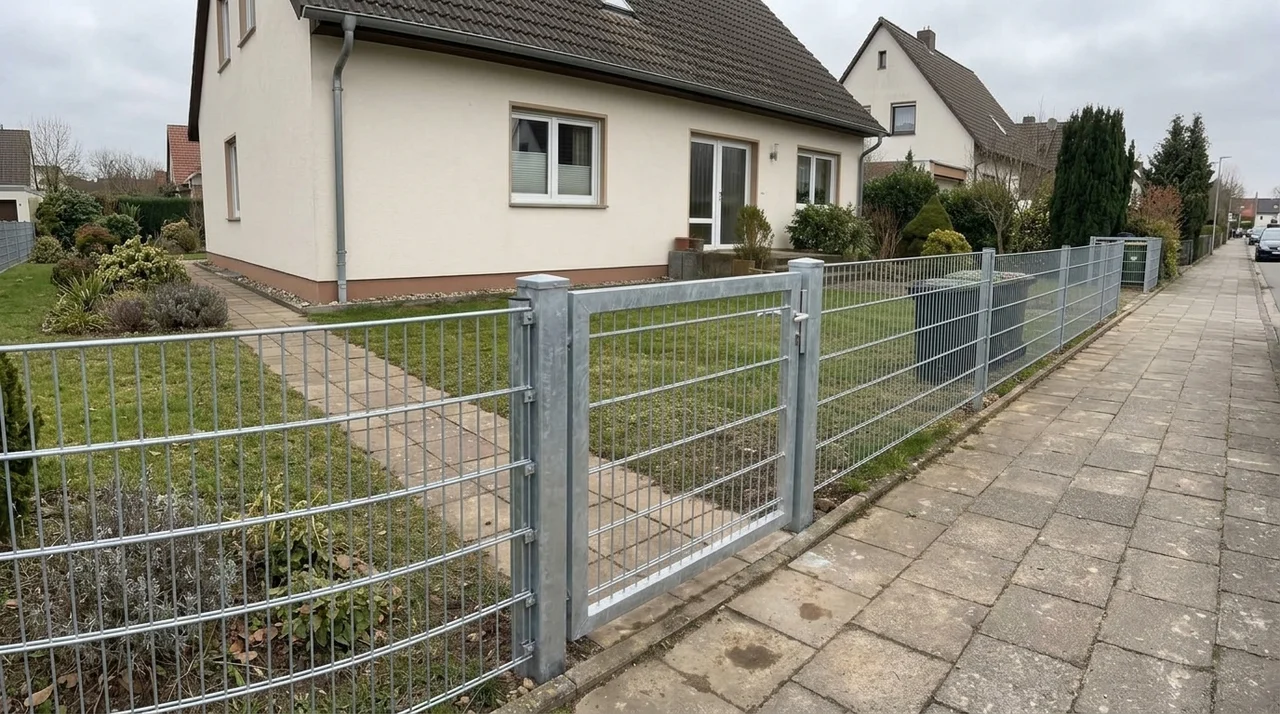 Verzinkter Doppelstabmattenzaun mit Gartentor an einem Wohnhaus