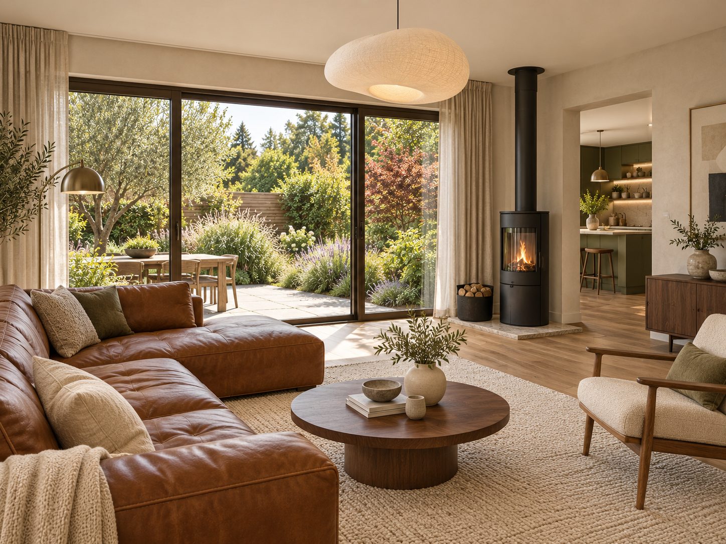 Große Kunststofffenster mit Blick in den Garten in einem Wohnzimmer