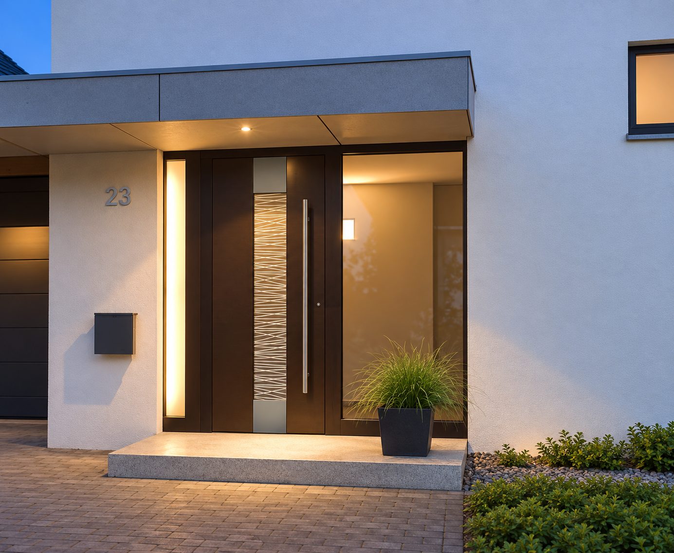 Moderne Haustür mit Seitenteil und Lichtakzenten an einem Wohnhaus