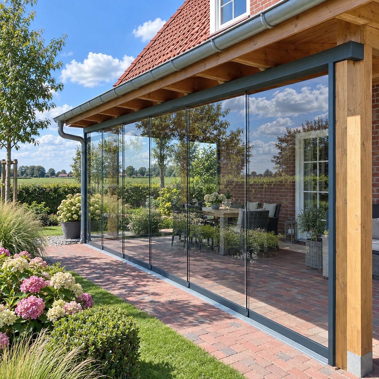 Rahmenlose Glasschiebeanlage unter einer Holzterrassenüberdachung