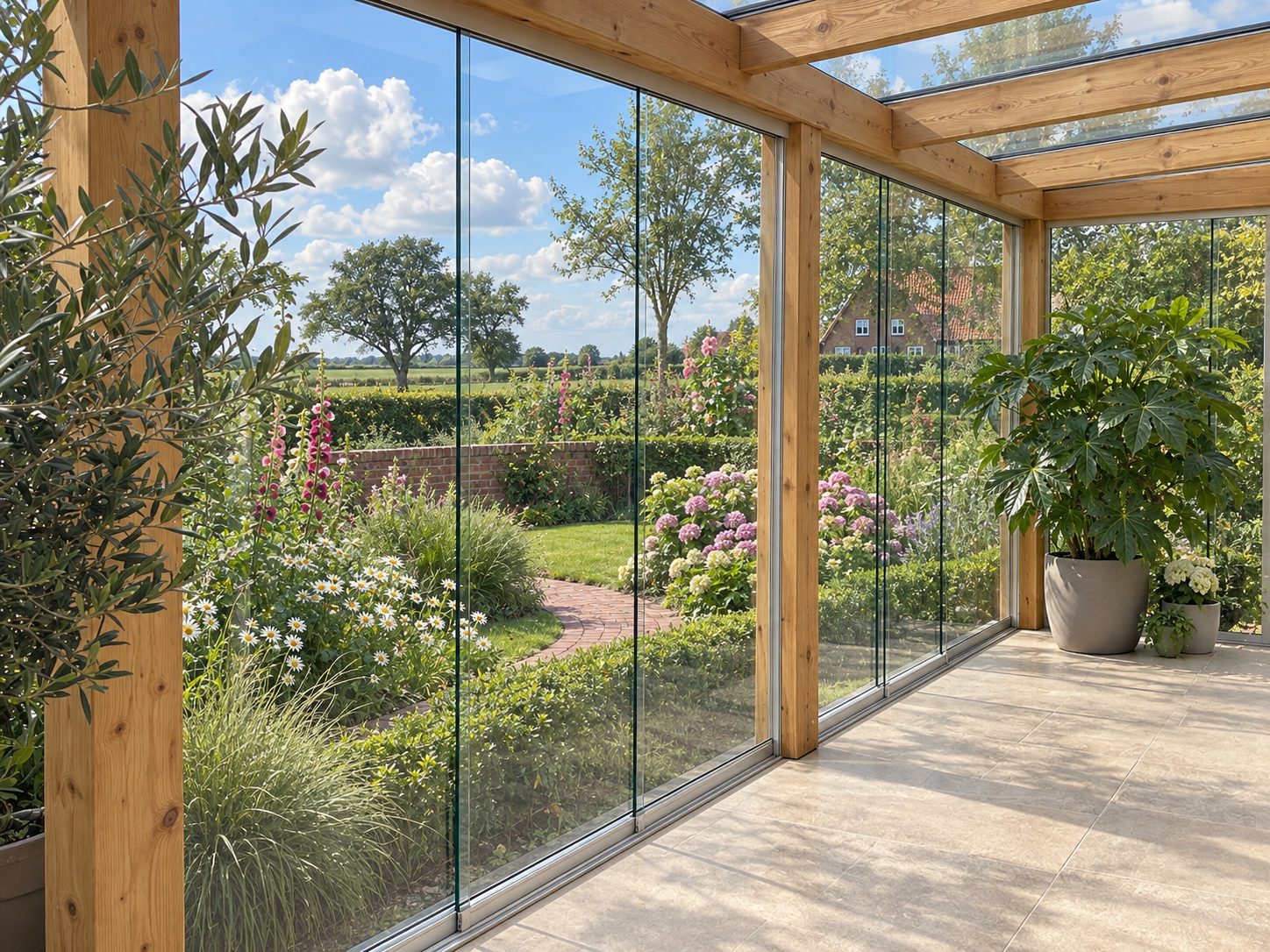 Rahmenlose Glasschiebewand unter einem Terrassendach mit Holzkonstruktion