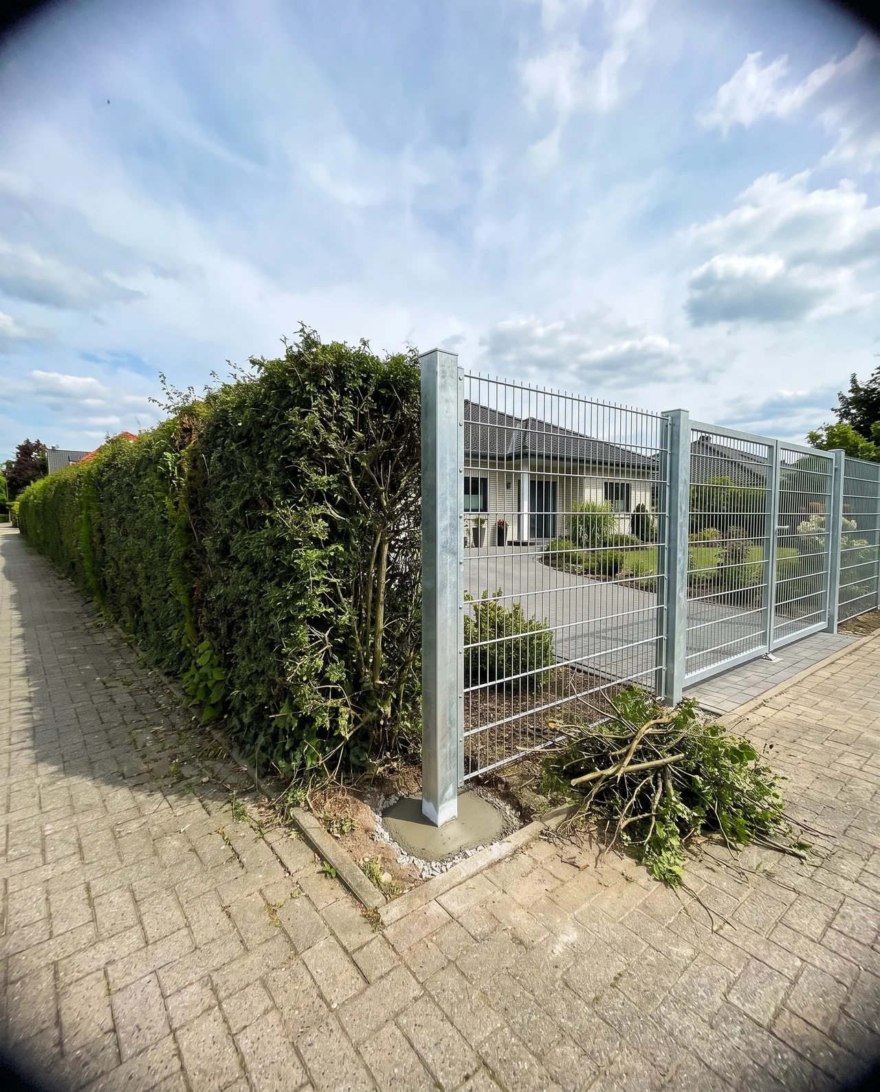 Doppelstabmattenzaun mit Gartentor an einer Hecke